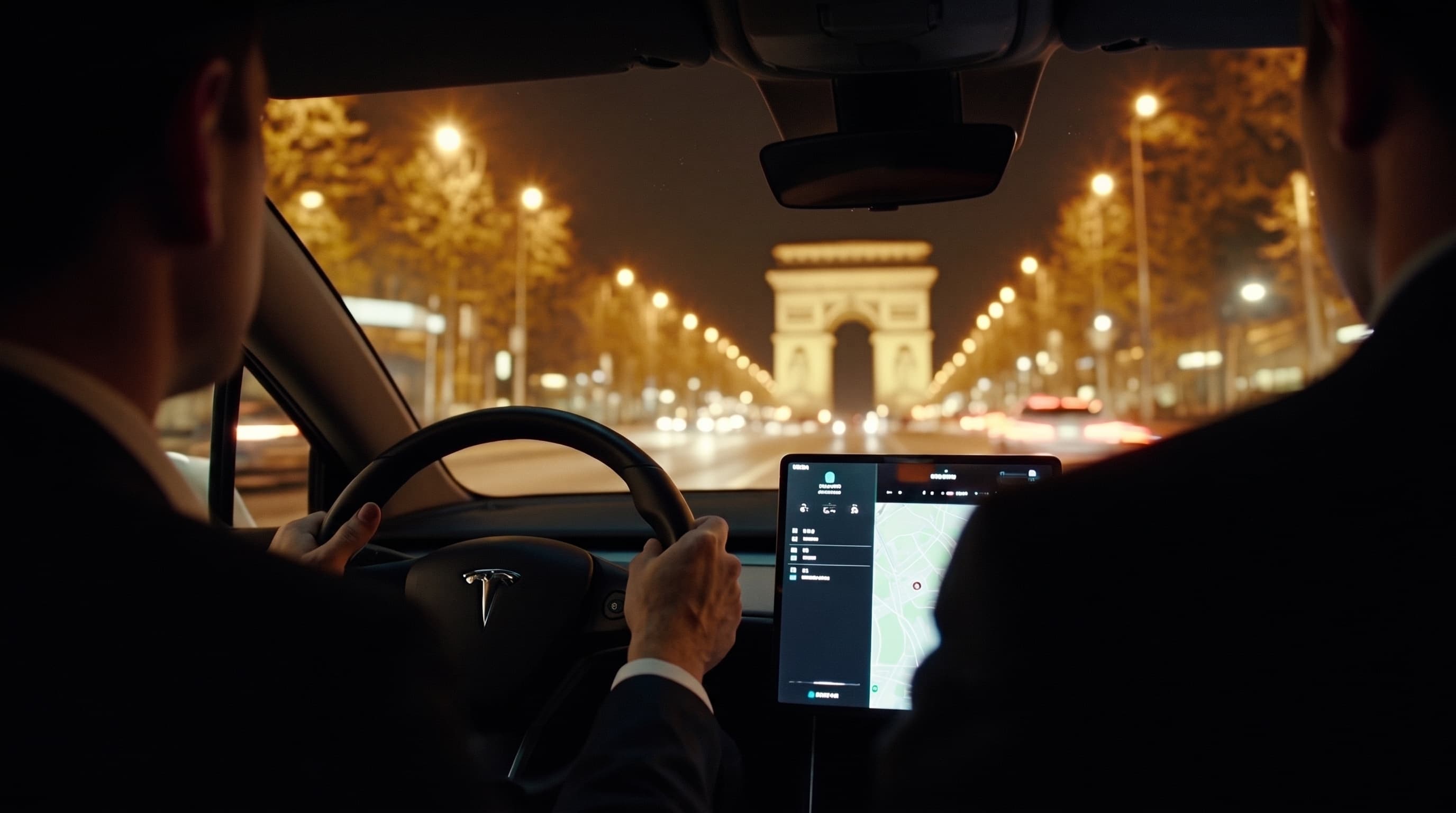 VTC driver at the wheel of a black Tesla on the Champs-Élysées at night